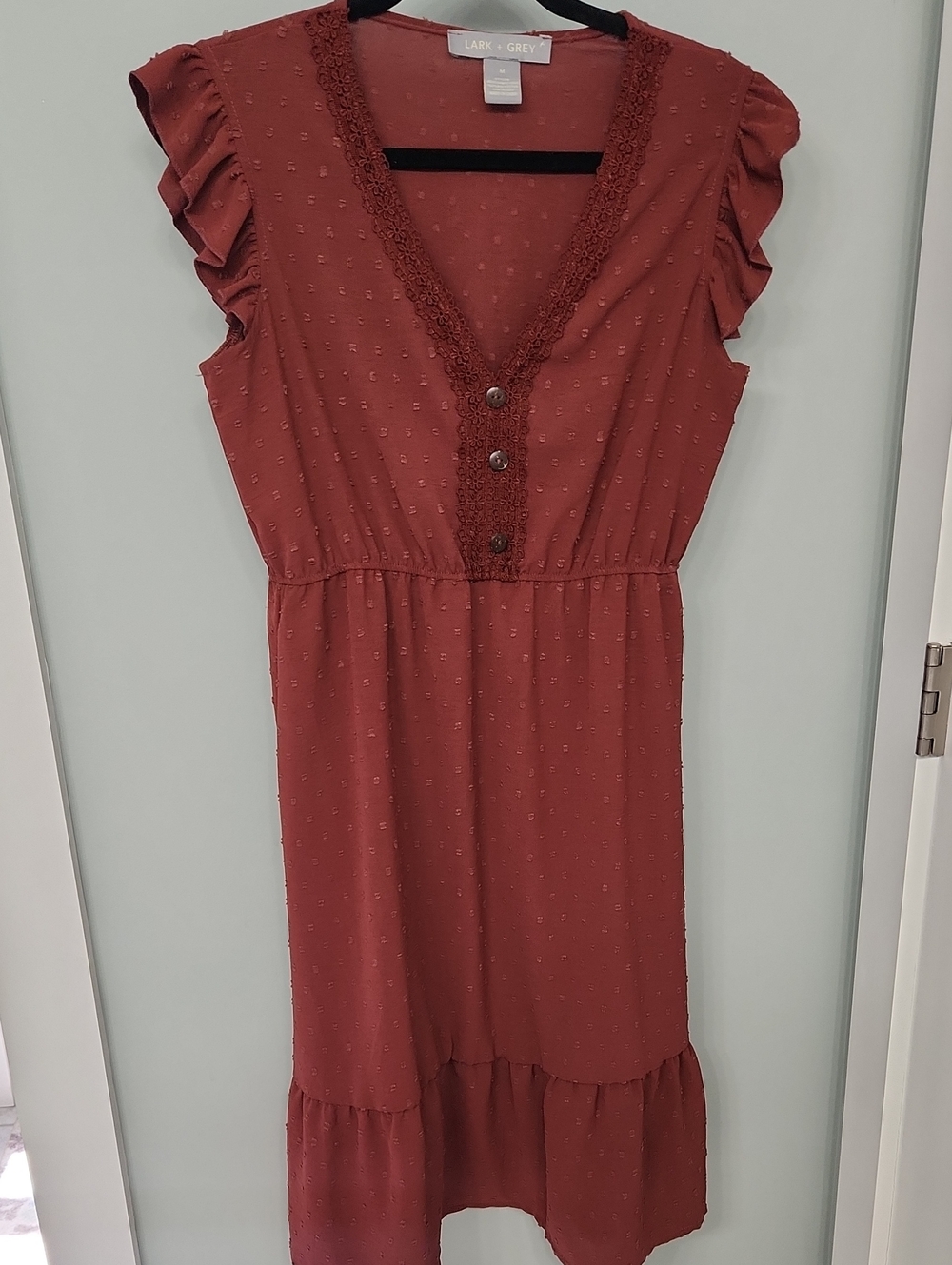 Lark & Grey Rust Midi Dress with Lace-Trim V-Neck
